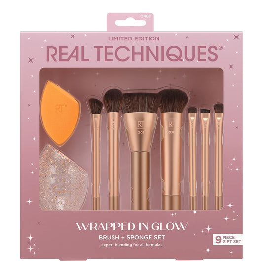 Real Techniques Wrapped In Glow Brush + Sponge Set with pink and gold brushes and pastel beauty sponge in gift packaging