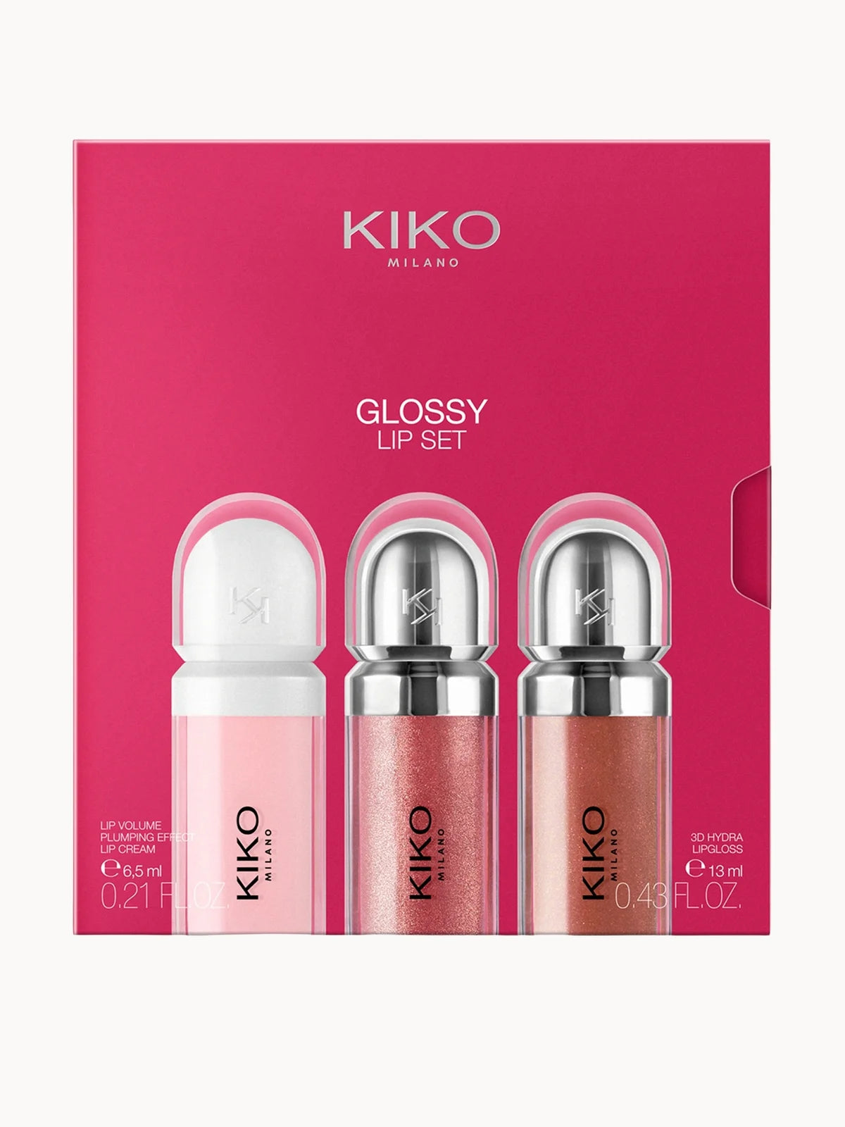 KIKO Milano Glossy Lip Set 01, black gift box with raised edges revealing three lip products inside