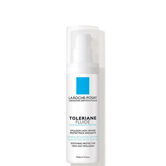 La Roche-Posay Toleriane Dermallergo Soothing Fluid Moisturiser 40ml white pump bottle with blue text