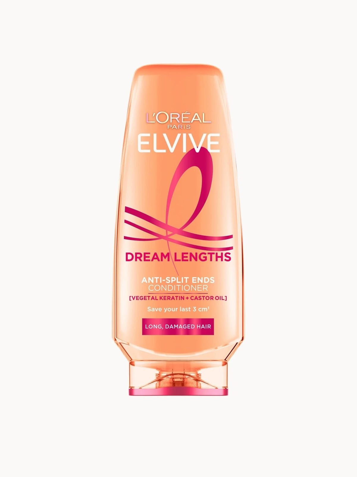 L'Oréal Paris Elvive Dream Lengths Anti-Split Ends Conditioner with Vegetal Keratin & Castor Oil for Long Hair 500ml, large clear bottle with pink cap and L'Oréal Paris Elvive Dream Lengths branding