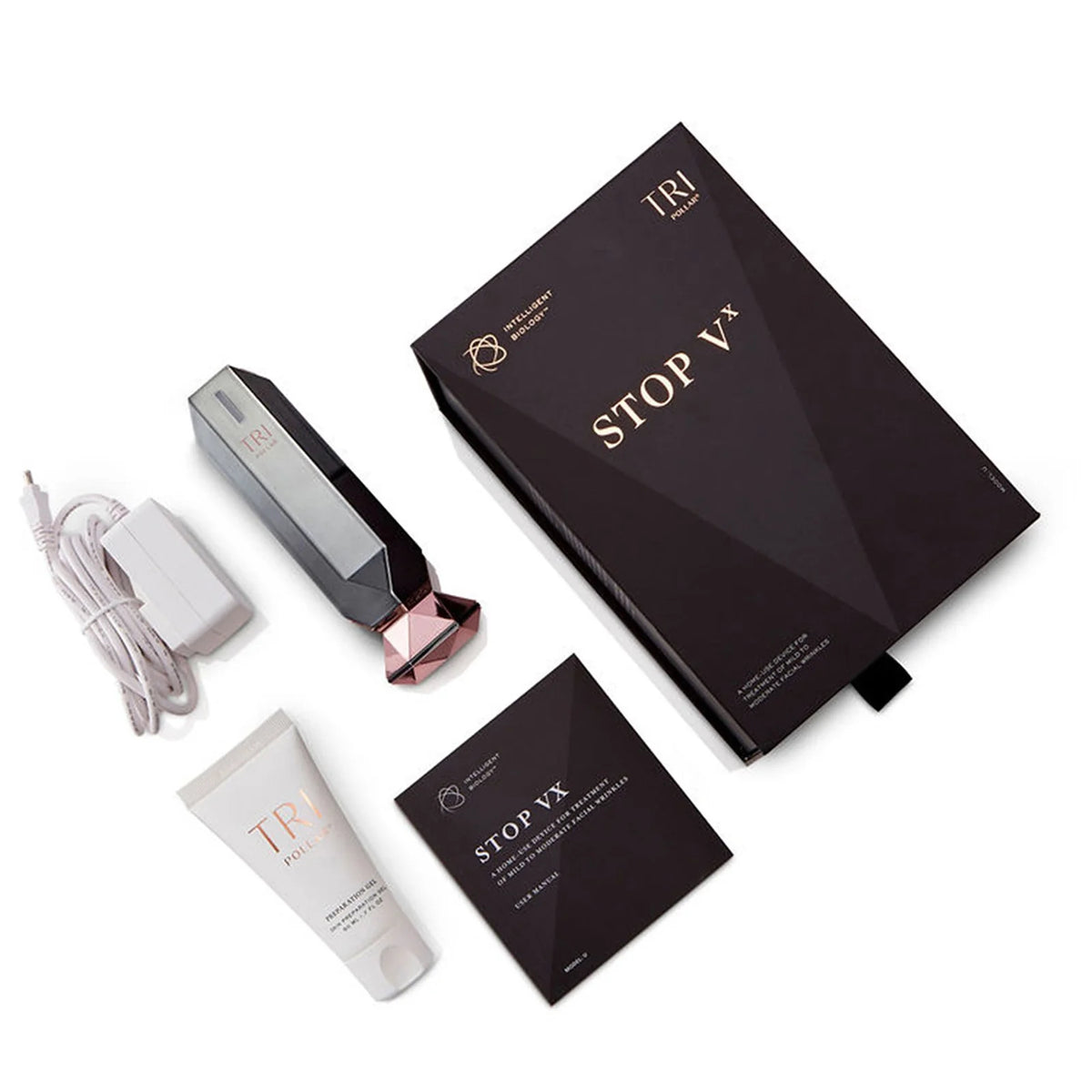 TriPollar Stop VX Facial Renewal and Rejuvenation Device - NEW, white handheld electronic device with metal treatment plates and digital display