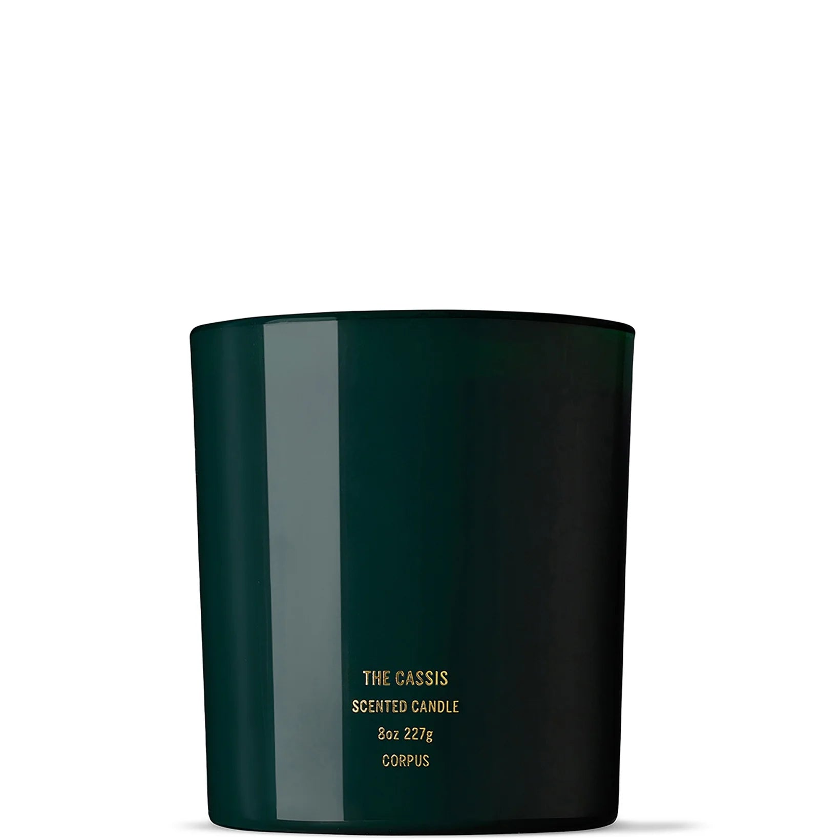 Corpus The Cassis soy wax candle in a minimalist glass jar with simple label, candle wax visible inside.