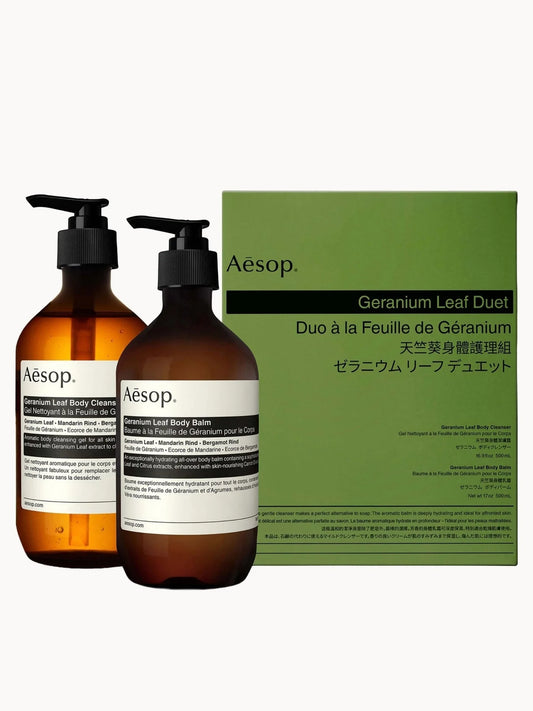 Aesop Geranium Leaf Duet, two amber glass bottles with black pump tops in a gift box