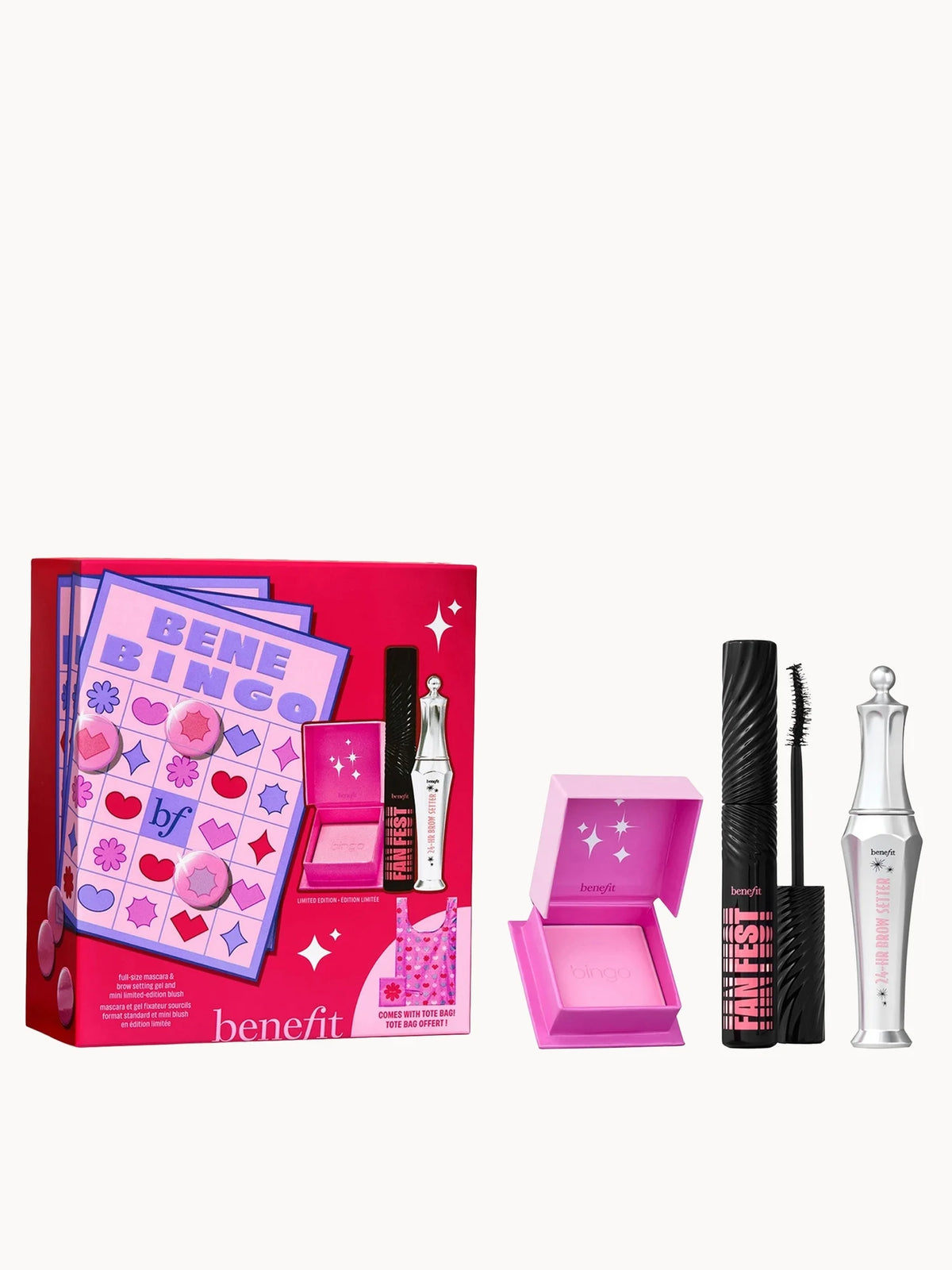 Benefit BeneBingo Mascara, Brow and Blush Makeup Gift Set, pink box with mascara, brow gel and mini blush
