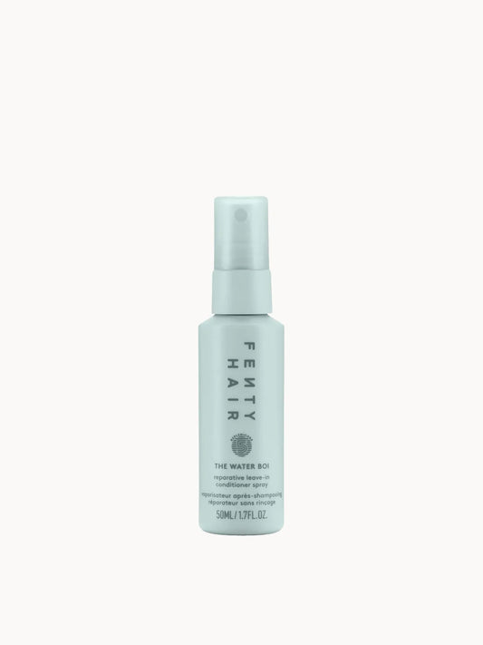 Fenty Hair Waterboi Leave In Conditioner Spray Mini 50ml, small spray bottle with fine-mist nozzle and Fenty Hair logo