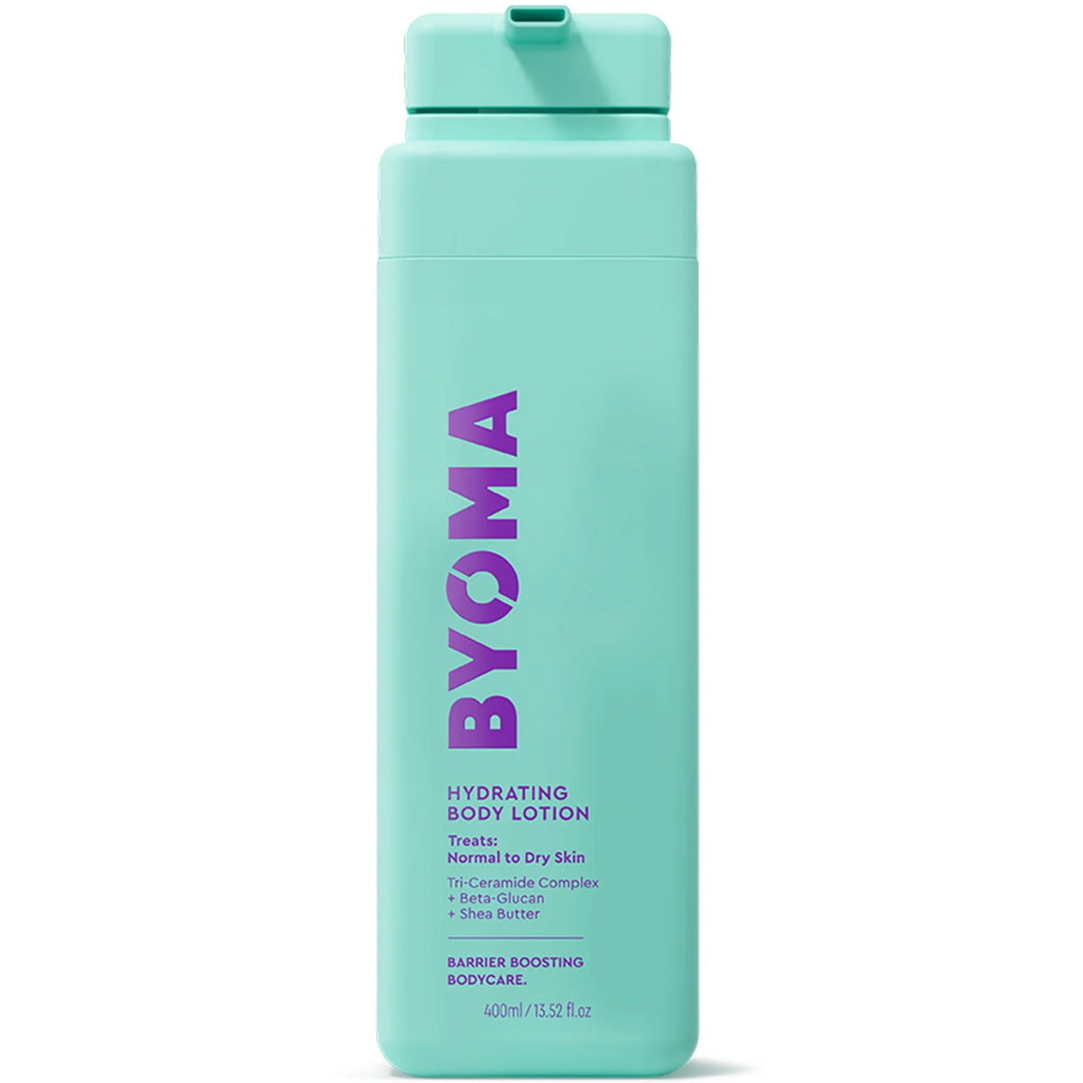 BYOMA Hydrating Body Lotion 400ml, tall white plastic pump bottle with minimalist printed BYOMA branding