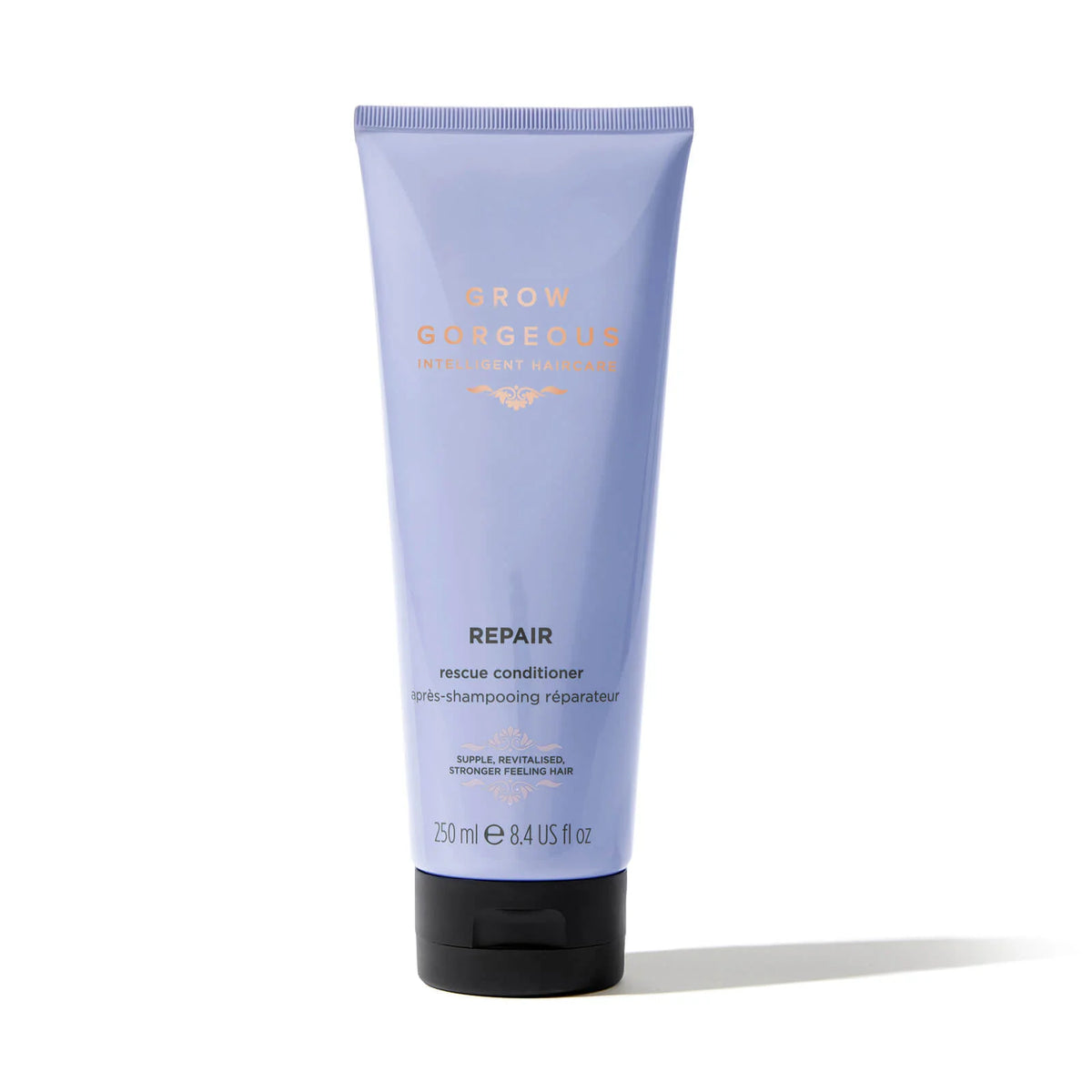 Grow Gorgeous Repair Rescue Conditioner 250ml, clear bottle with black cap and Grow Gorgeous minimalist branding