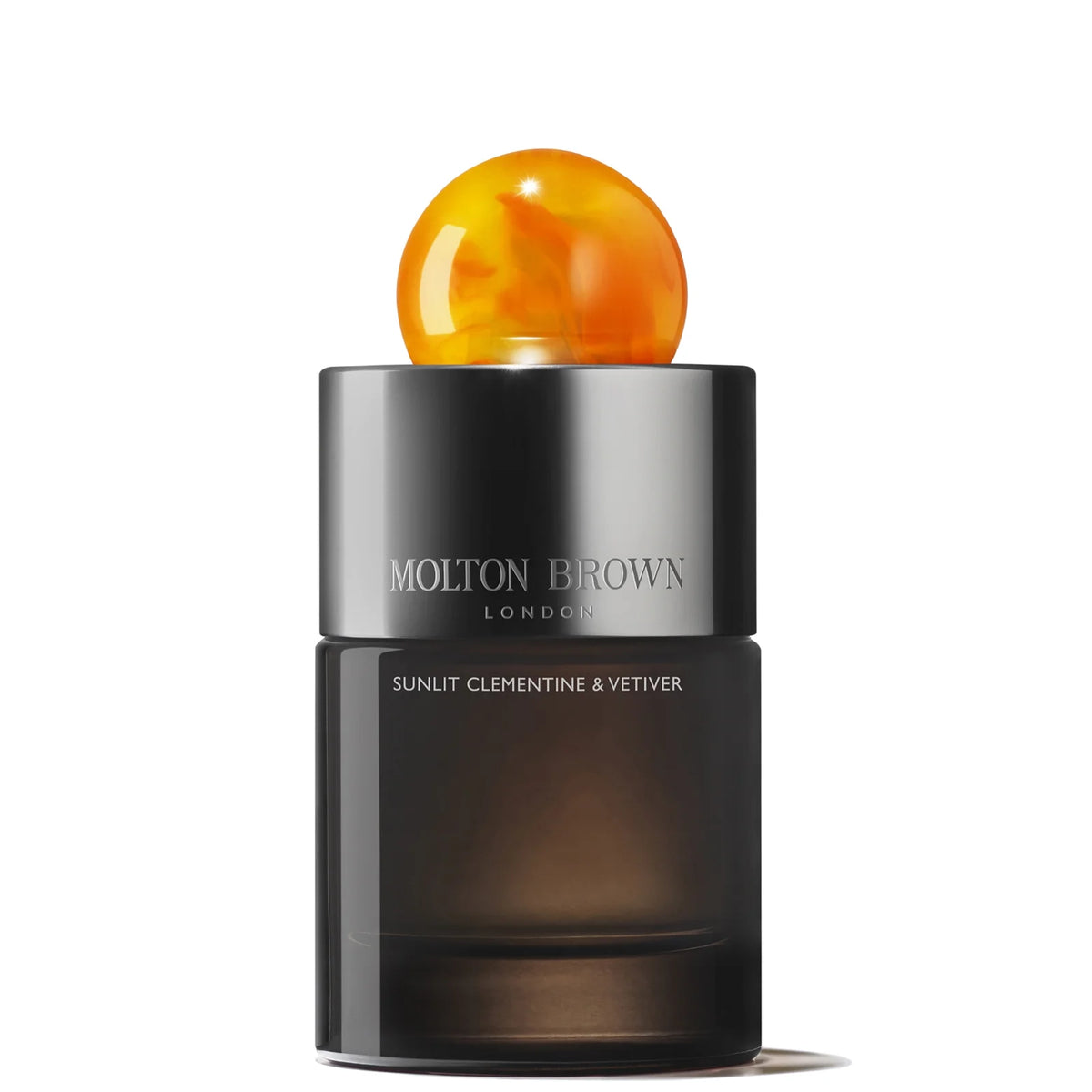 Molton Brown Sunlit Clementine and Vetiver EDP 100ml, clear glass eau de parfum spray bottle with Molton Brown front label