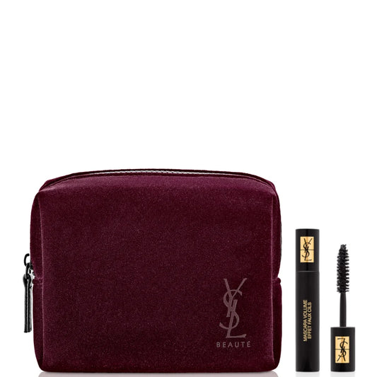 Yves Saint Laurent mini pouch set with mascara, luxe beauty accessory duo.