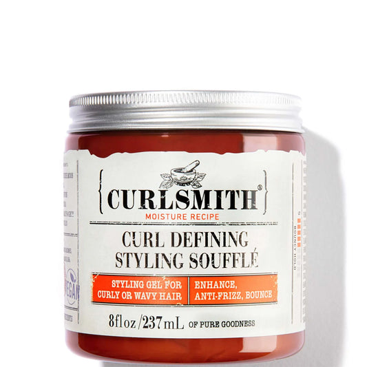 Curlsmith Styling Soufflé 237ml, dark jar with rustic-style label and silver lid, designed to define curls and reduce frizz