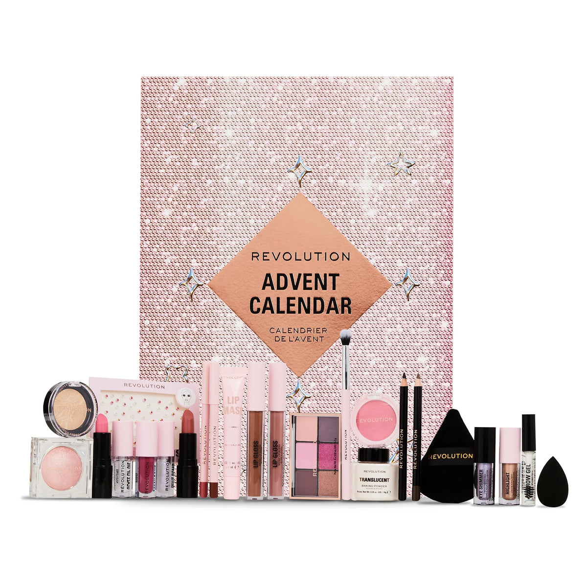 Makeup Revolution Advent Calendar 2024, large festive box with 25 numbered doors and Makeup Revolution branding