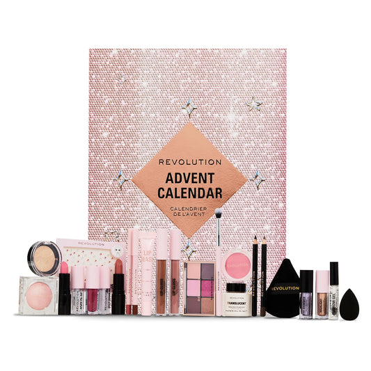 Makeup Revolution Advent Calendar 2024, large festive box with 25 numbered doors and Makeup Revolution branding