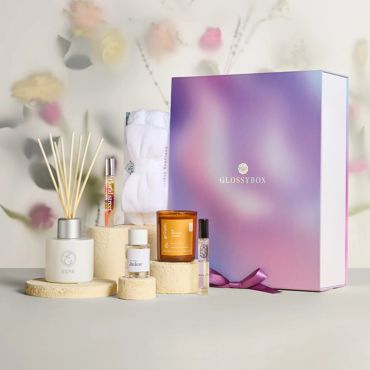 GLOSSYBOX For Mum Limited Edition, pink patterned box with GLOSSYBOX branding and ribbon detail