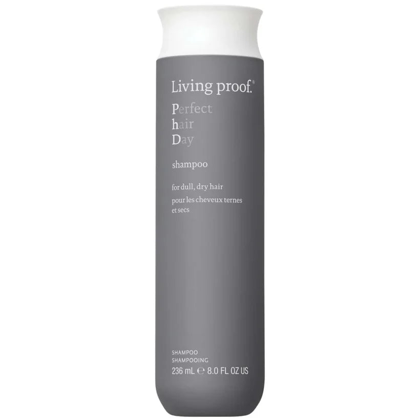 Living Proof Perfect Hair Day Shampoo 236ml grey bottle with flip top cap displayed upright on plain background