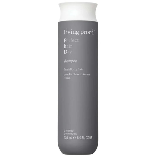 Living Proof Perfect Hair Day Shampoo 236ml grey bottle with flip top cap displayed upright on plain background