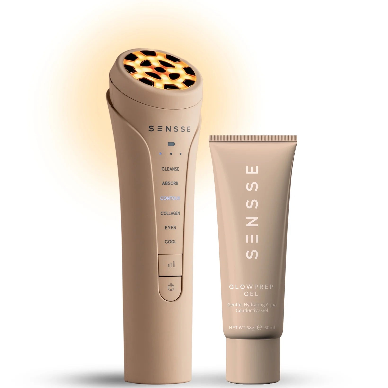 Sensse Firmify Radio Frequency Face Tool in sleek nude and gold finish with curved head for targeted anti-ageing treatment based on beauty tech for lifting and firming skin.
