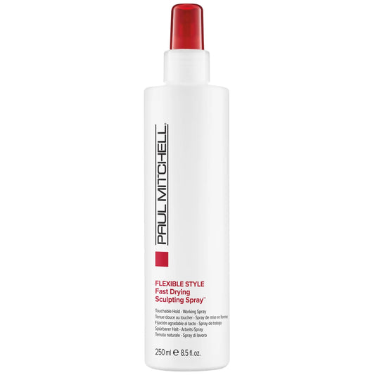 Paul Mitchell Flexible Style Fast Drying Sculpting Spray 250ml in tall white bottle with red and black text and spray nozzle