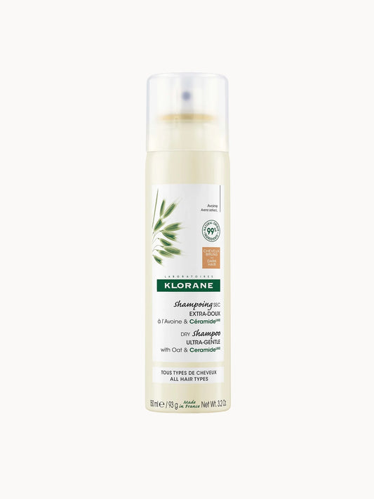 Klorane Extra-Gentle Tinted Dry Shampoo 150ml, brown and cream aerosol can with oat branding