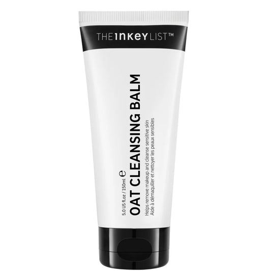 The INKEY List Oat Cleansing Balm 150 ml – minimalist white tube with creamy oat-based cleansing balm featuring beige-toned packaging, designed to gently dissolve makeup and soothe sensitive skin.