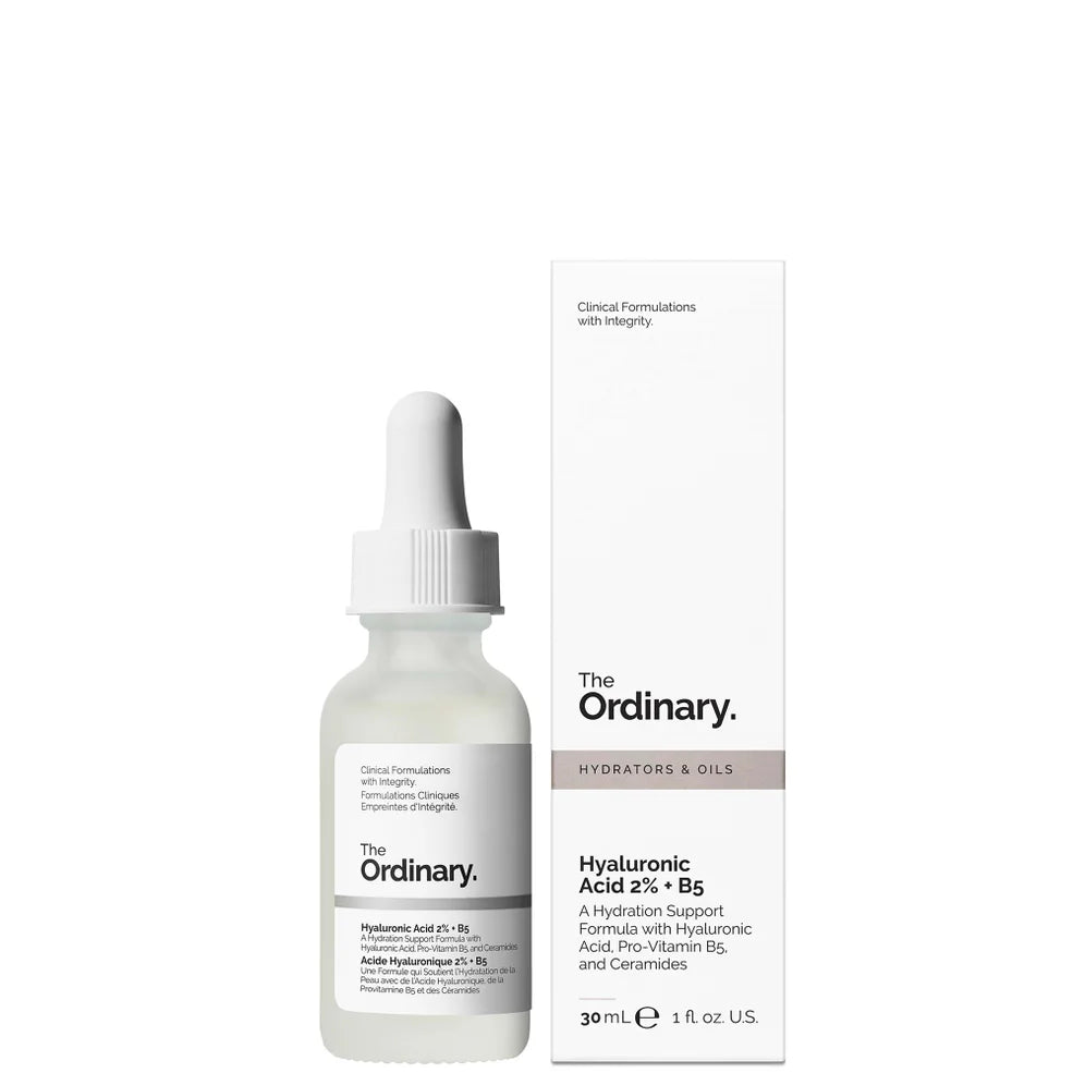 The Ordinary Hyaluronic Acid 2% and B5 30ml – clear dropper bottle with minimal white label, containing a lightweight serum designed to deeply hydrate and plump the skin.