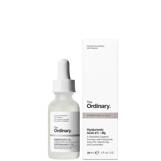 The Ordinary Hyaluronic Acid 2% and B5 30ml – clear dropper bottle with minimal white label, containing a lightweight serum designed to deeply hydrate and plump the skin.