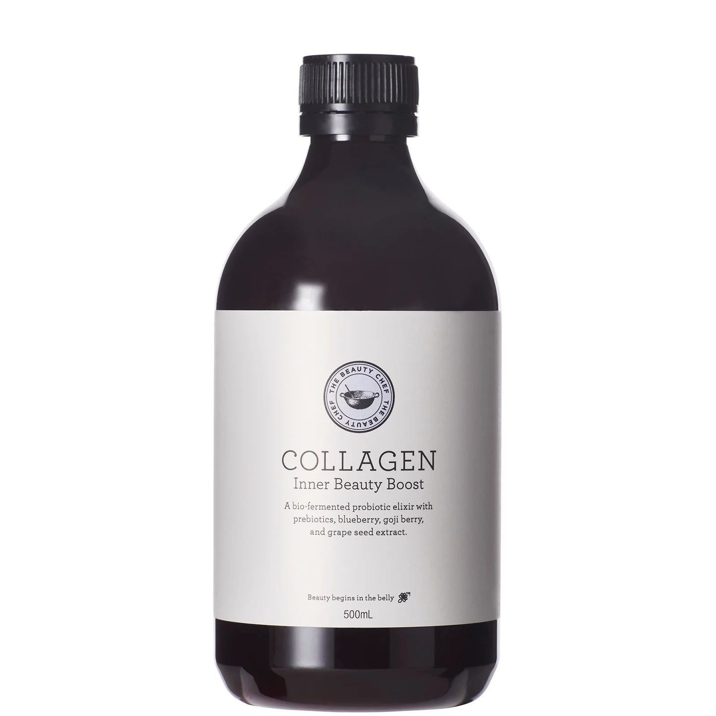 The Beauty Chef Collagen Inner Beauty Boost 500ml, liquid supplement in dark amber bottle with white label and black screw cap