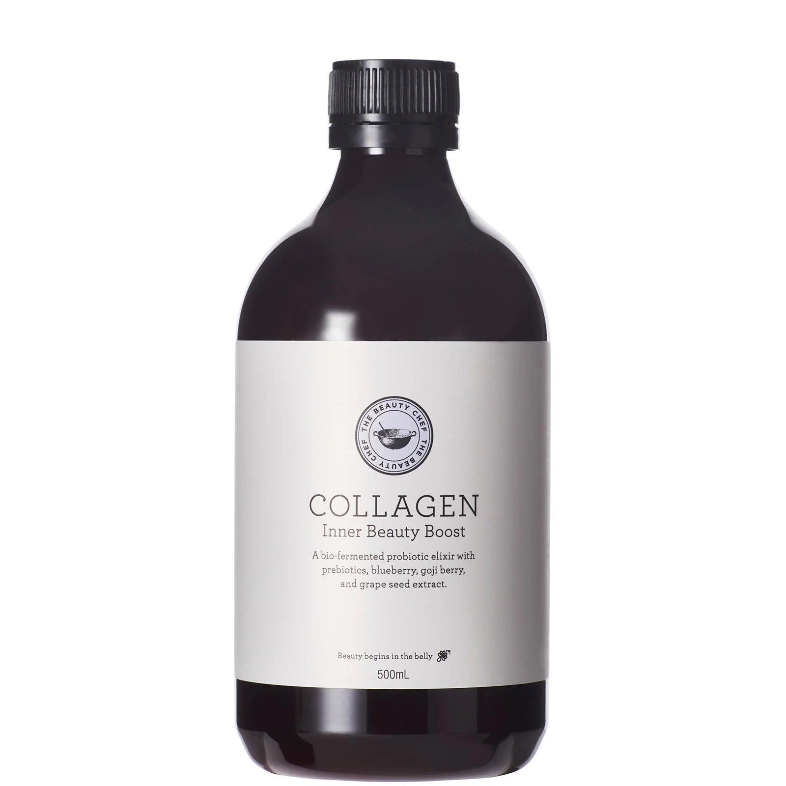 The Beauty Chef Collagen Inner Beauty Boost 500ml, liquid supplement in dark amber bottle with white label and black screw cap
