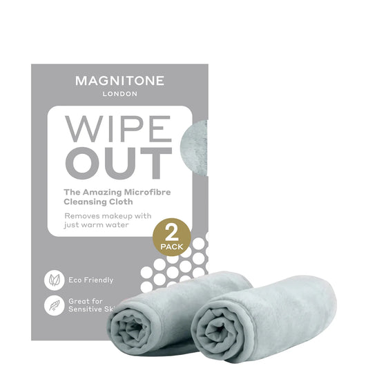 Magnitone WipeOut Microfibre Cleansing Cloths Grey 2 Pack – removes makeup with warm water only; ultra-soft, reusable, machine washable.