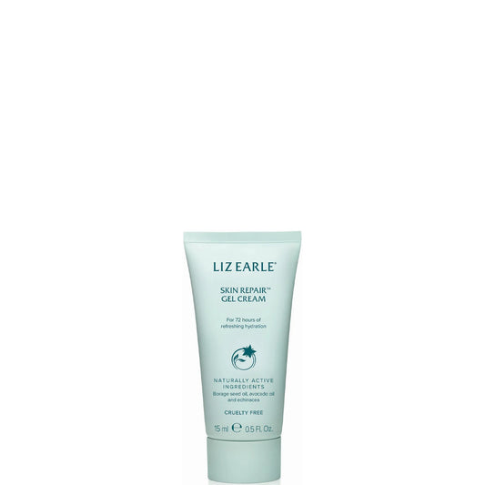 Liz Earle Skin Repair Gel Cream 15ml – cooling gel-cream with borage, avocado, jojoba oils, hyaluronic acid and hops for 72-hour hydration.
