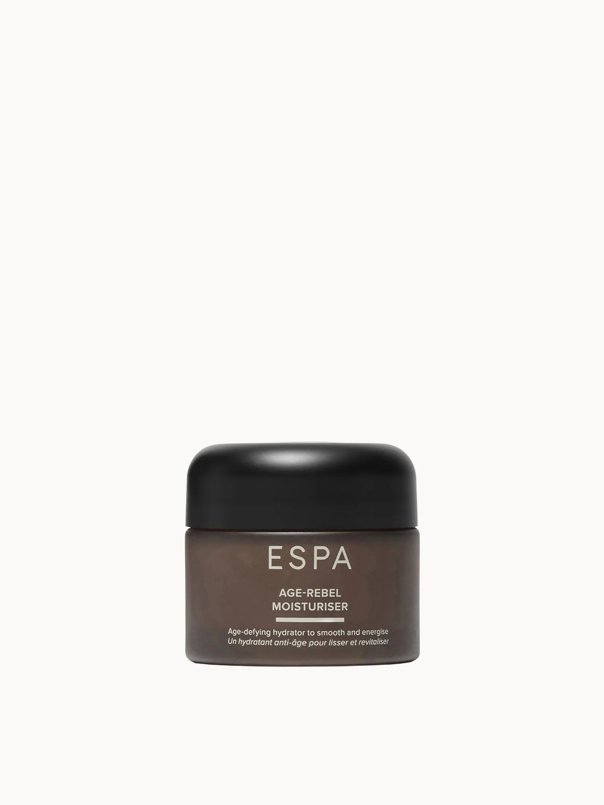 ESPA Age Rebel Moisturiser 55ml, glass jar with matte black screw cap and ESPA branding on the front label