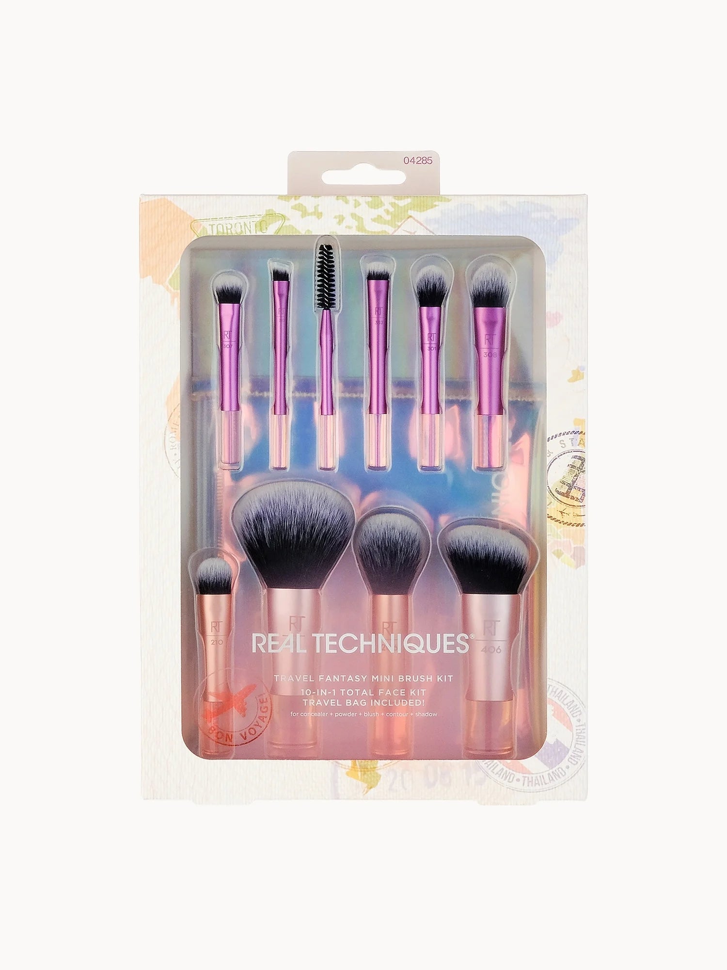Real Techniques Travel Fantasy mini brush set with compact makeup bag.