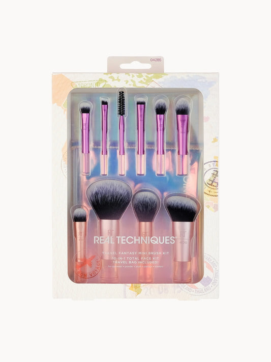 Real Techniques Travel Fantasy mini brush set with compact makeup bag.