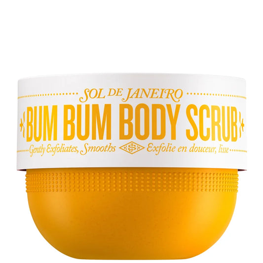 Sol de Janeiro Bum Bum Scrub 220g round tub with bright yellow lid and orange base shown closed
