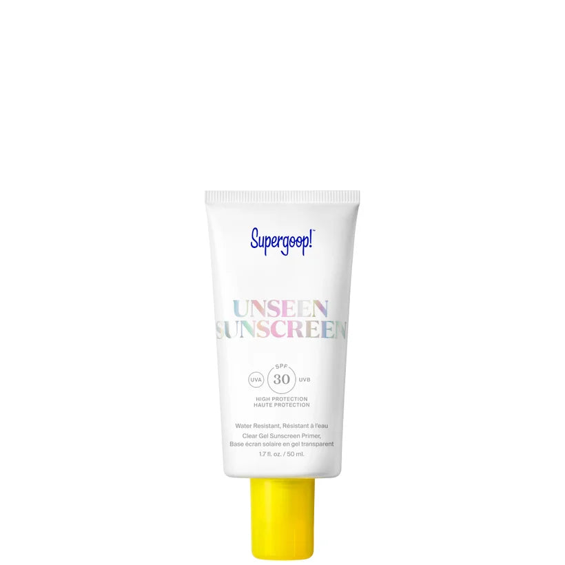 Supergoop! Unseen Sunscreen SPF30 50ml pale tube with yellow cap displayed upright on plain background