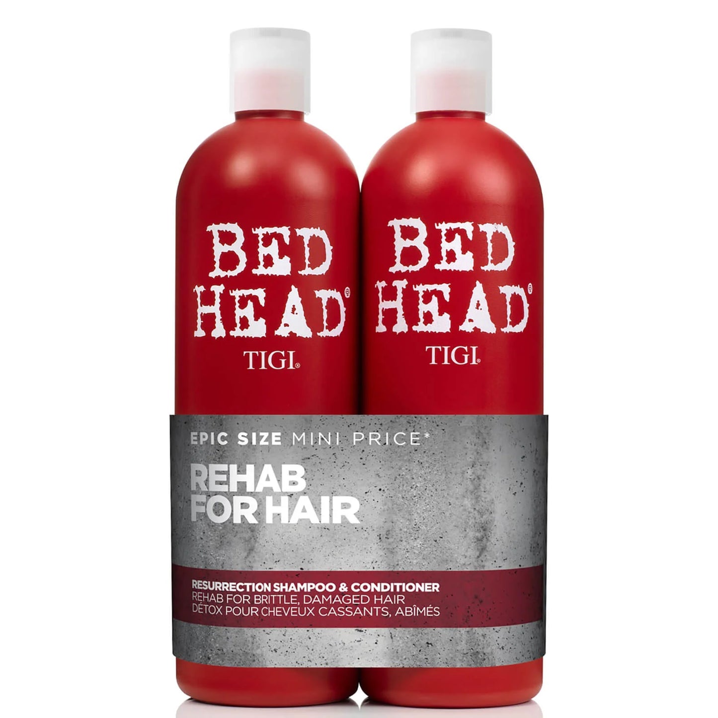 Twin pack of TIGI Bed Head Resurrection shampoo and conditioner in bold red bottles