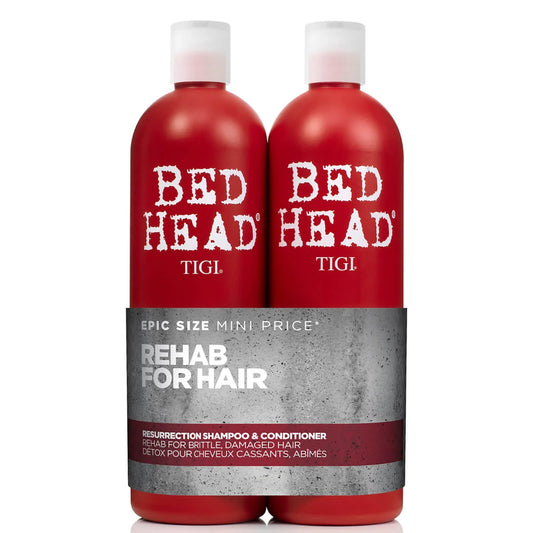Twin pack of TIGI Bed Head Resurrection shampoo and conditioner in bold red bottles