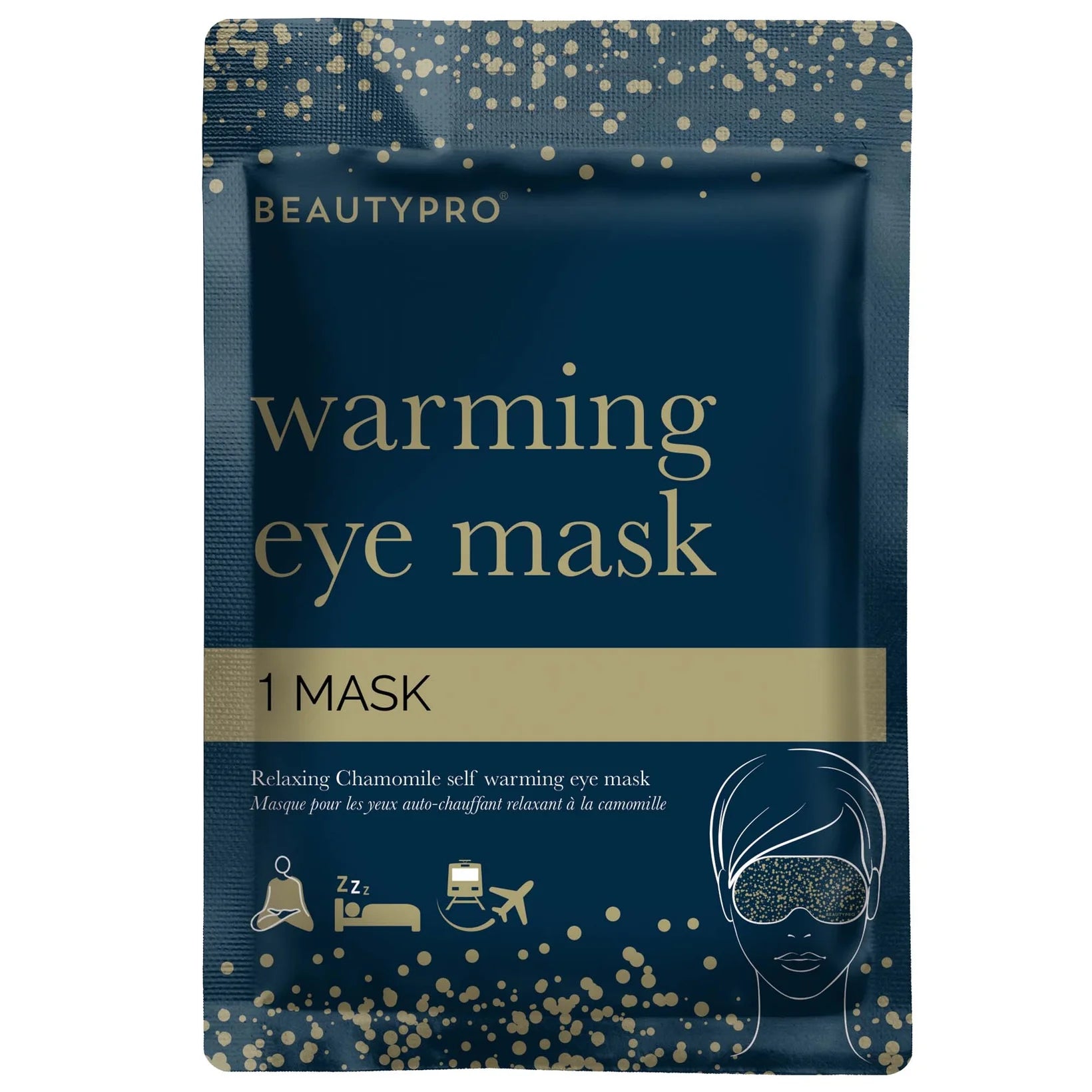 Single BEAUTYPRO warming eye mask sachet, showing illustration of the mask across closed eyes with relaxing spa-style design.