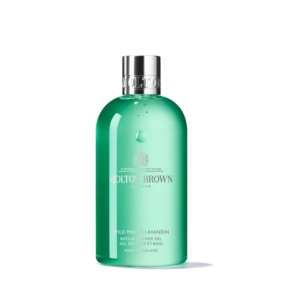 Molton Brown Wild Mint & Lavandin Bath & Shower Gel 300ml – refreshing mint-green gel in a sleek 300 ml bottle, infused with wild mint and lavandin essential oils for an invigorating shower experience.
