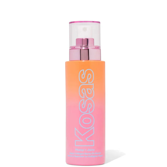 Kosas Plump and Juicy Vegan Collagen Spray-on Serum 100ml clear spray bottle with pink liquid and white pump