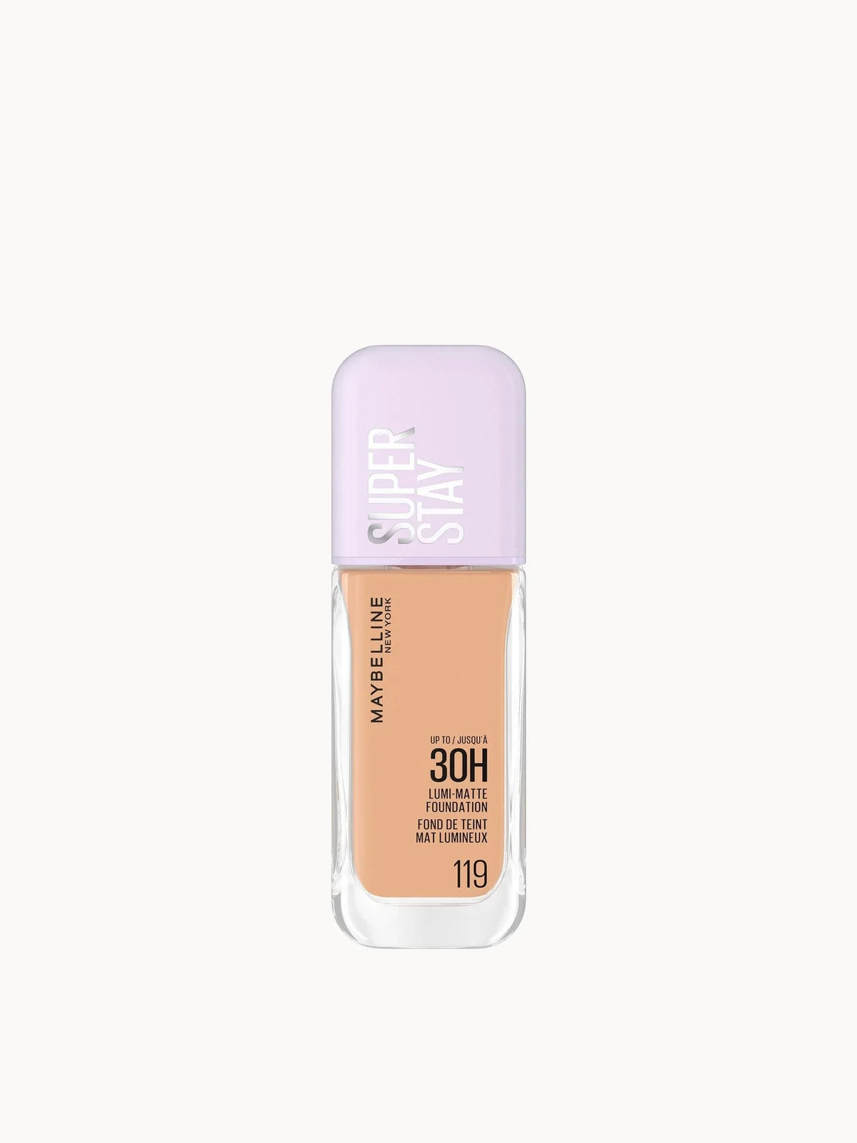 Maybelline Super Stay up to 30H Lumi - Matte Foundation - 119, slim glass foundation bottle with pump