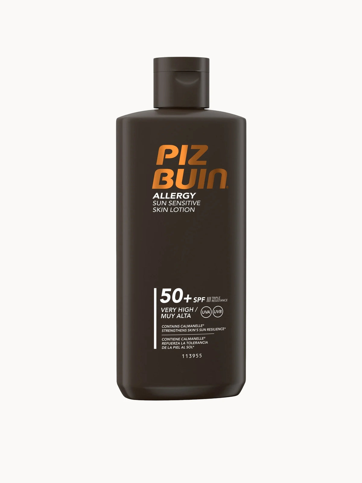 Piz Buin Allergy Sun Sensitive Skin Lotion SPF 50 200ml, white and orange squeeze tube with flip cap and Piz Buin Allergy branding