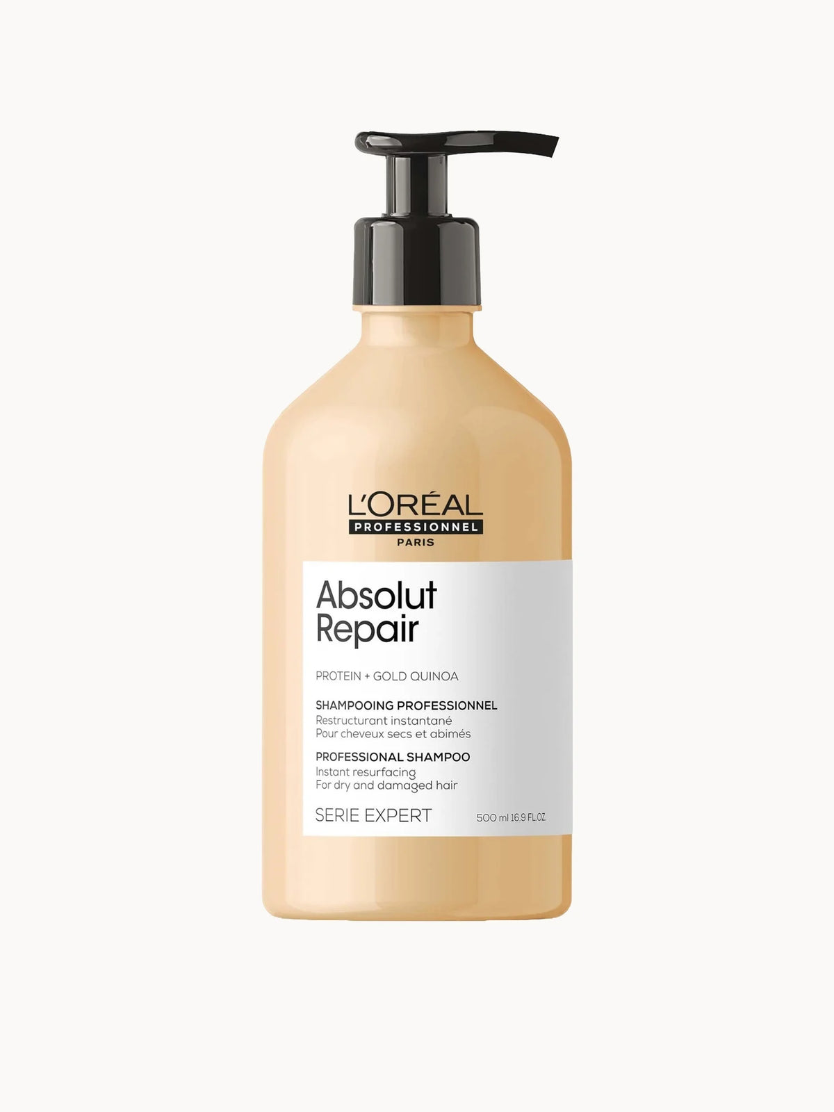 L'Oréal Professionnel Serié Expert Absolut Repair Shampoo For Dry and Damaged Hair 500ml, white bottle with a gold pump and red Absolut Repair lettering