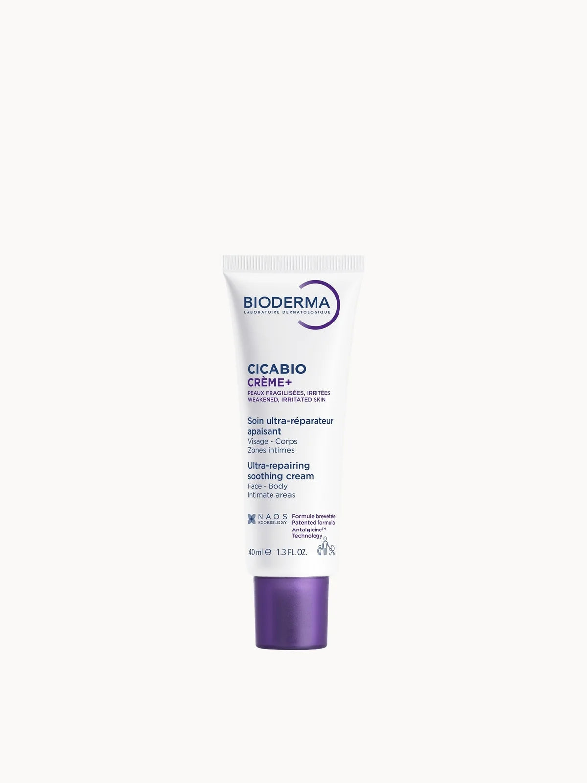 Bioderma Cicabio Creme+ Ultra - Repairing Soothing Healing Cream for Face & Body with Hyaluronic Acid 40ml, white squeeze tube with flip cap and Cicabio branding