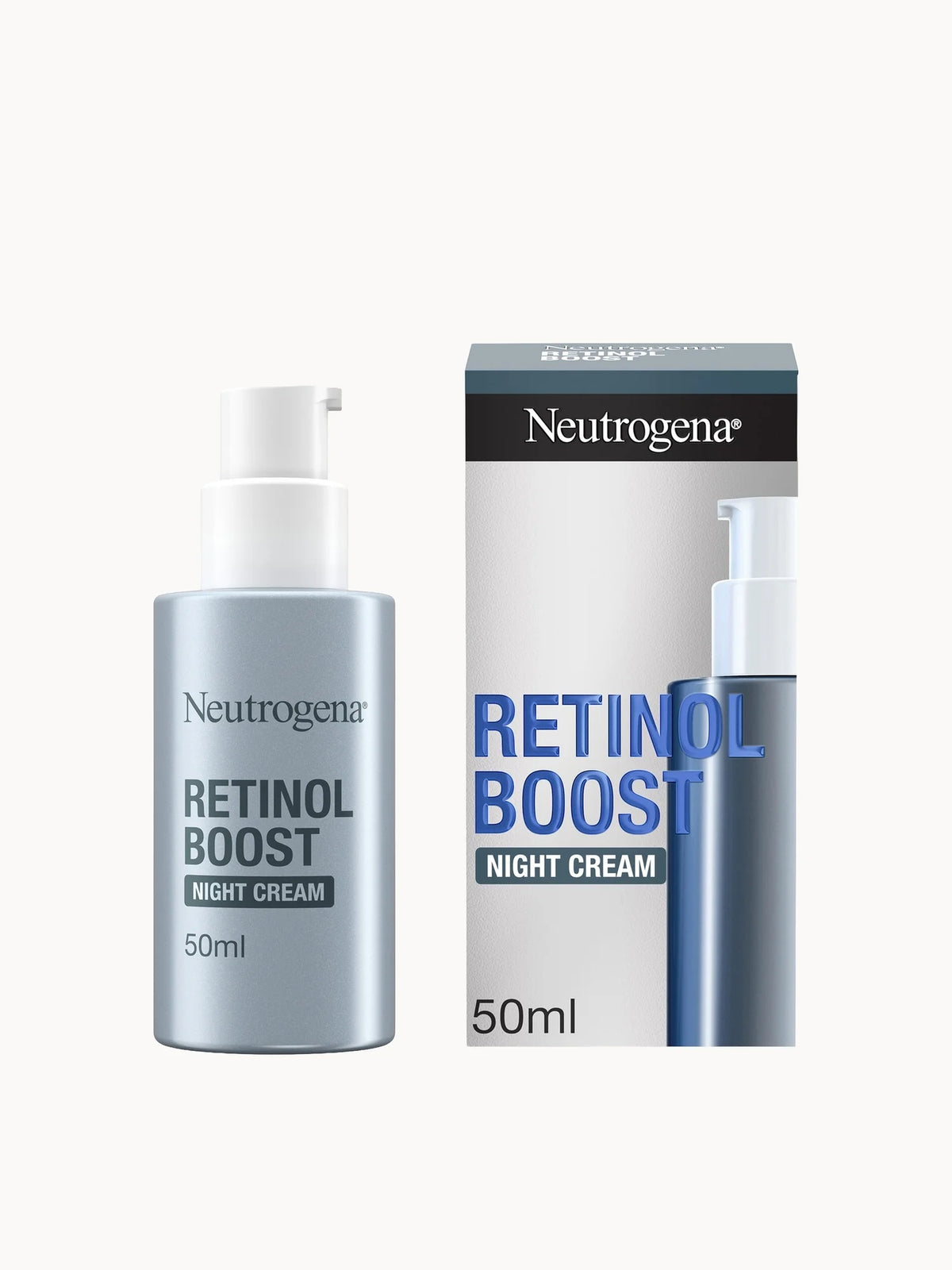 Neutrogena Retinol Boost Night Cream 50ml, white pump bottle with black cap and orange Neutrogena branding