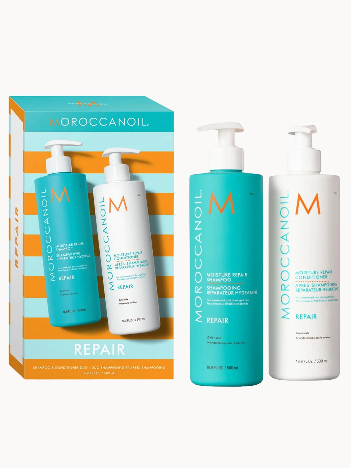 Moroccanoil Moisture Repair Shampoo and Conditioner 500ml Duo, two matching bottles with black caps and Moroccanoil branding