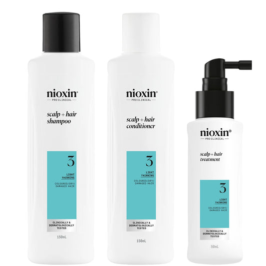 NIOXIN 3-Part System 3 Loyalty Kit for Coloured Hair with Light Thinning featuring cleanser, scalp therapy conditioner, and scalp treatment in white bottles