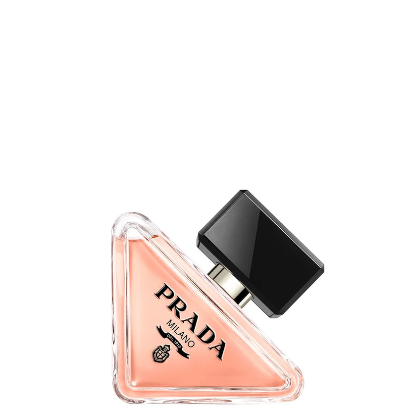 Prada Paradoxe Eau de Parfum 50ml, inverted triangle bottle with coral-pink liquid and black cap