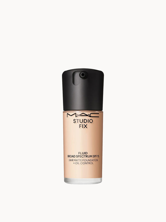 MAC Cosmetics Studio Fix Fluid SPF15 24HR Matte Foundation 30ml - NC12, glass foundation bottle with a black cap and black MAC label on a plain white background