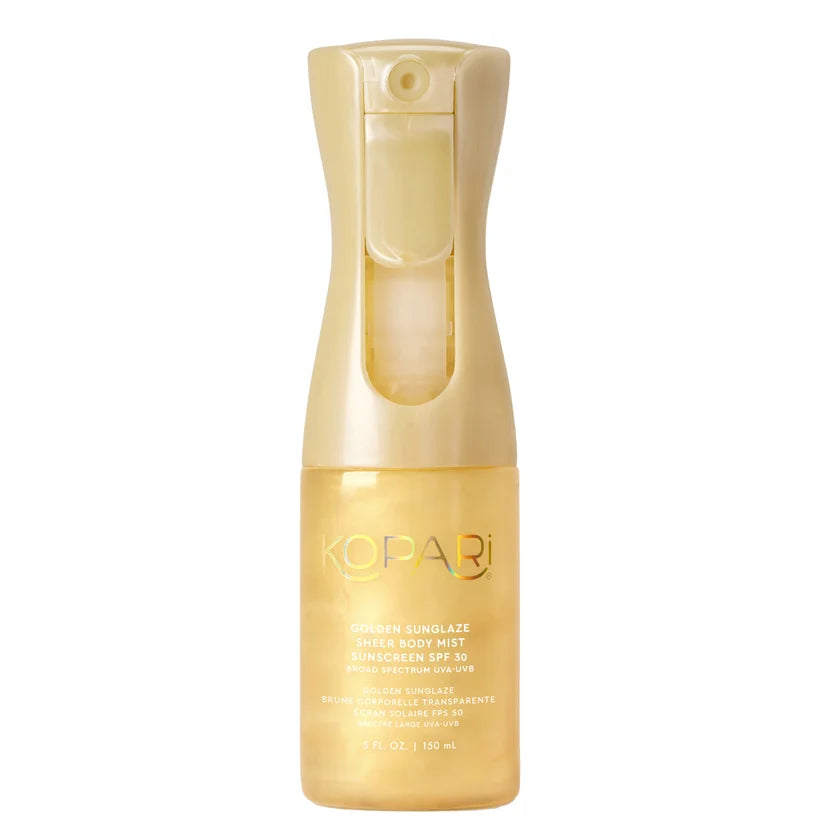 Kopari Beauty Golden Sunglaze Sheer Body Mist Sunscreen 150ml, gold spray bottle with clear cap