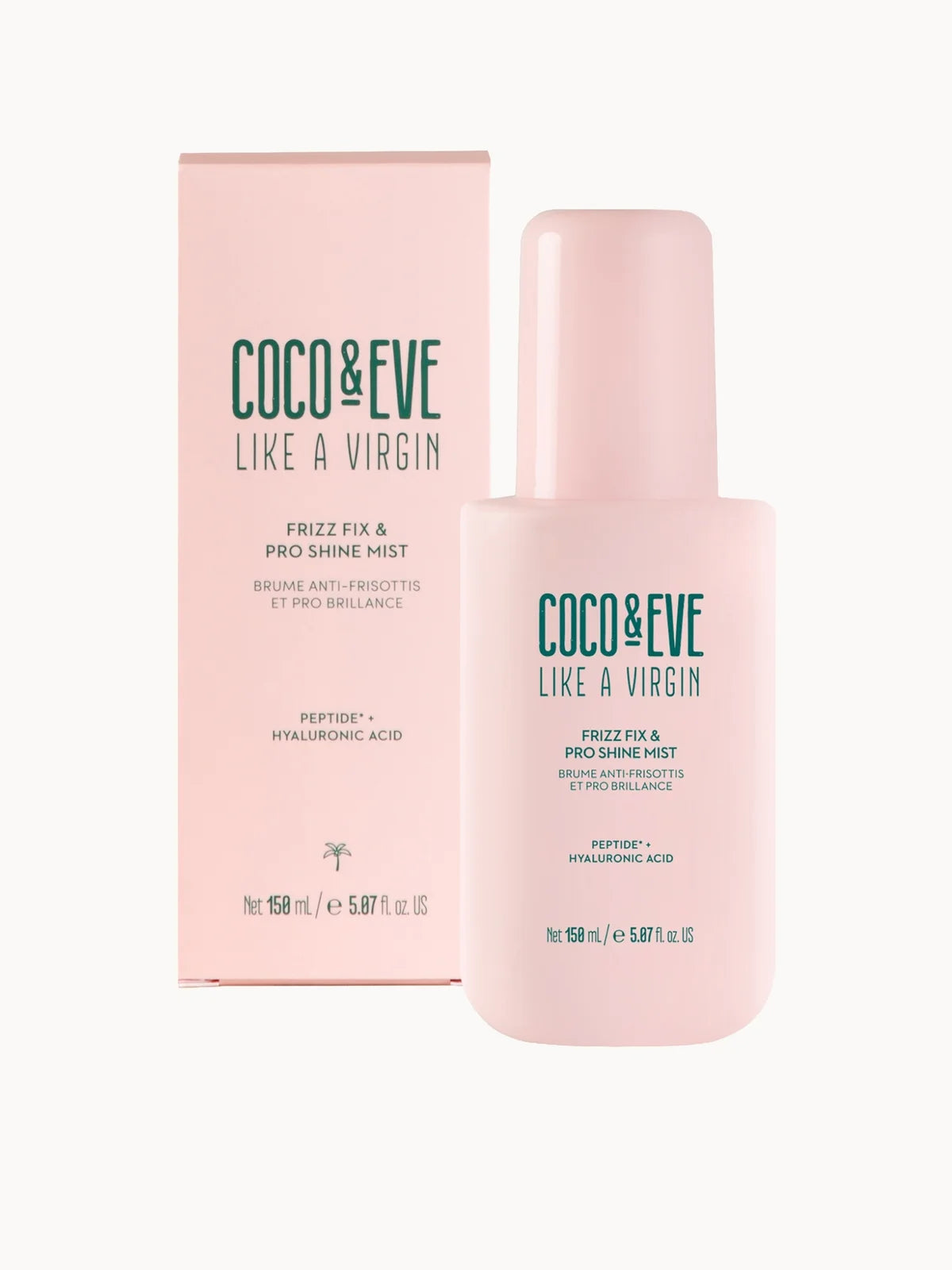Coco & Eve Frizz Fix & Pro Shine Mist 150ml, pink spray bottle with fine-mist sprayer